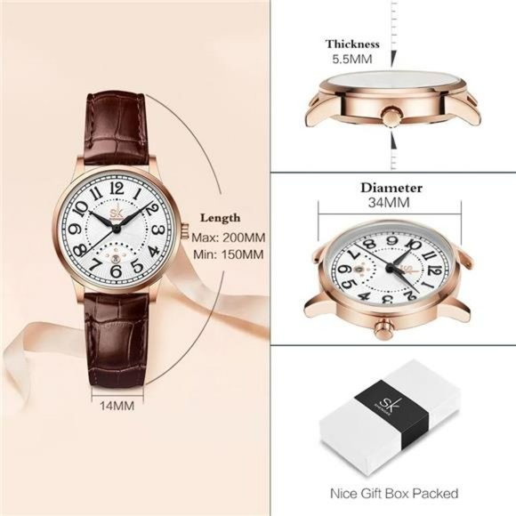 SK Women Watches with Stainless Steel Band and Genuine Leather, Calendar Watch